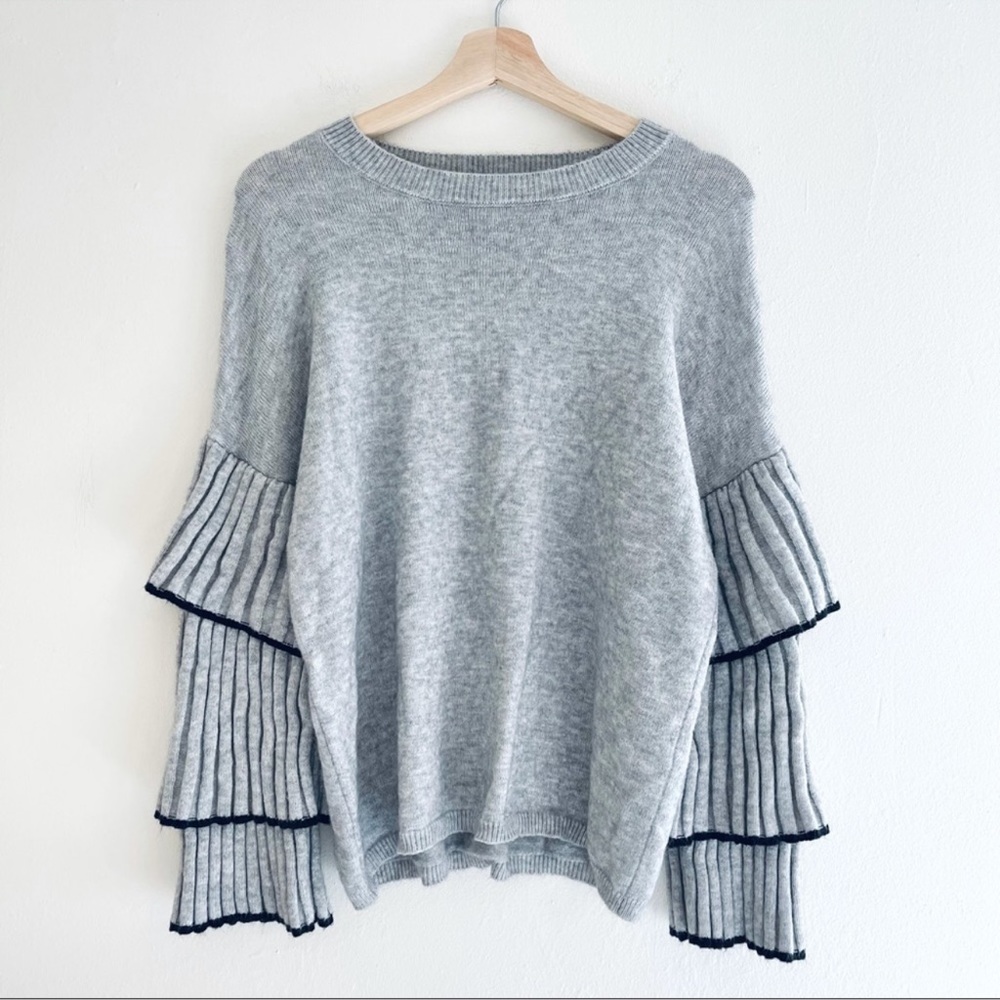 Central Park West Bourbon Street Tiered Ruffle Sleeve Statement Sweater Grey S